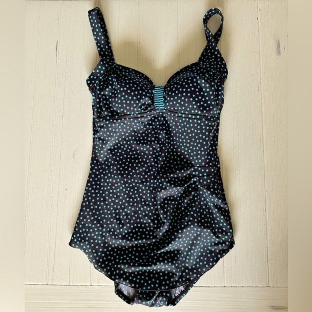 Maxine of Hollywood Brown/Teal Polka Dot One Piece Sarong Swimsuit Size 10